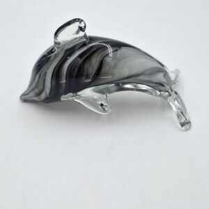 Dolphin 4 1/2” Black Grey White Swirl Hand Blown Art Glass Blown Paperweight